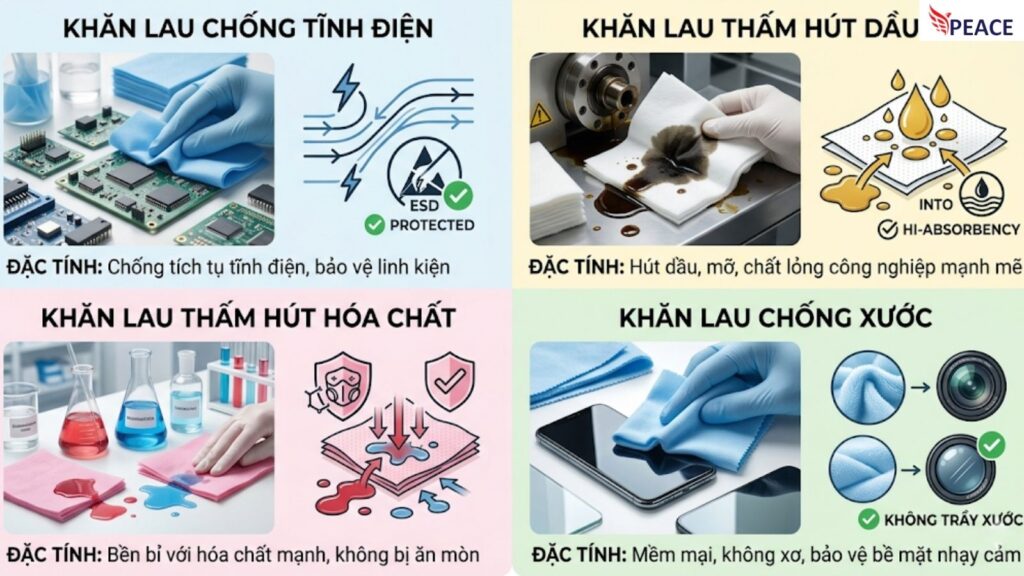 Phân loại theo tính năng của khăn lau phòng sạch Phân loại theo tính năng của khăn lau phòng sạch