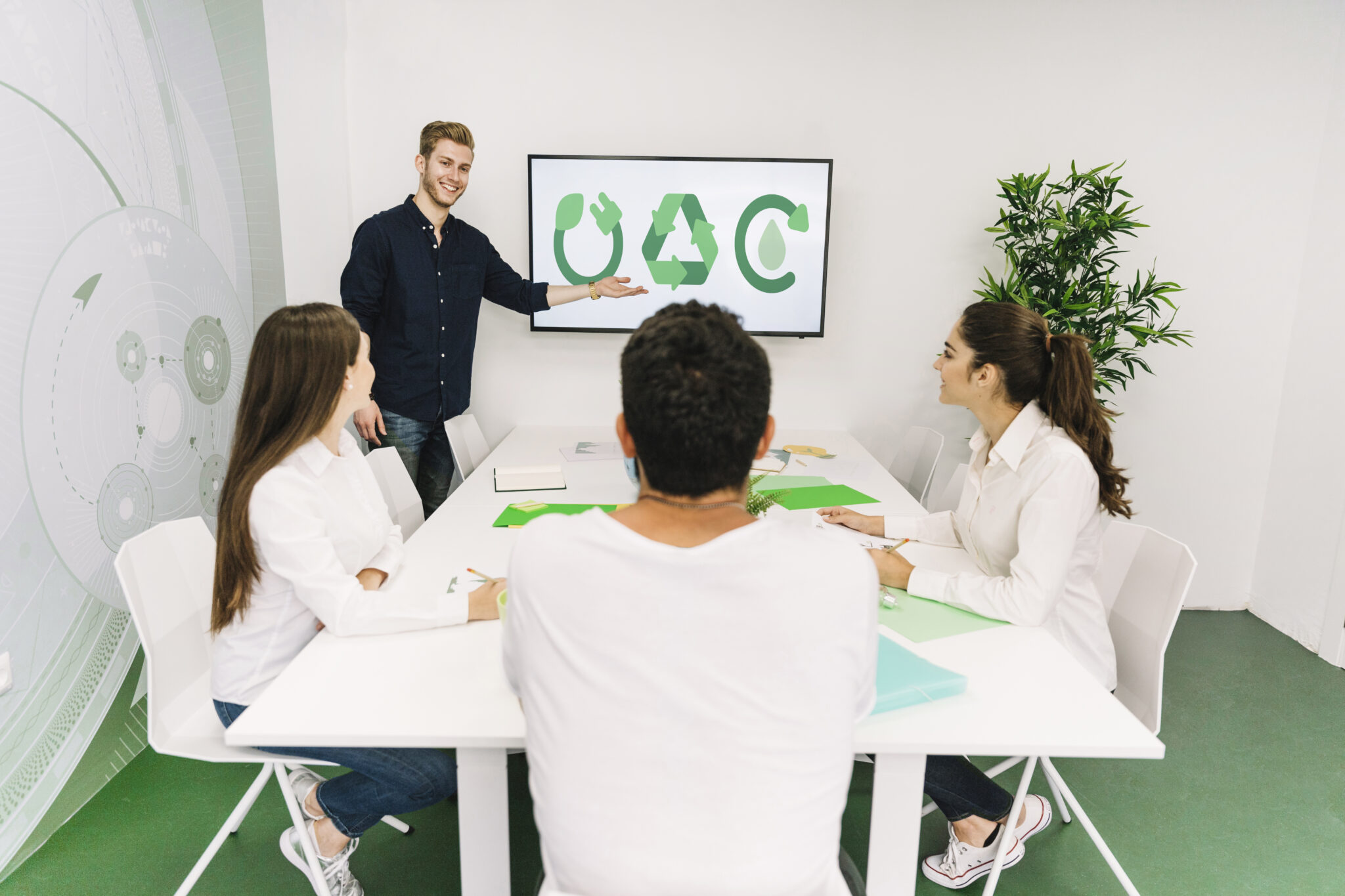 happy businesswoman giving presentation natural resources his colleagues